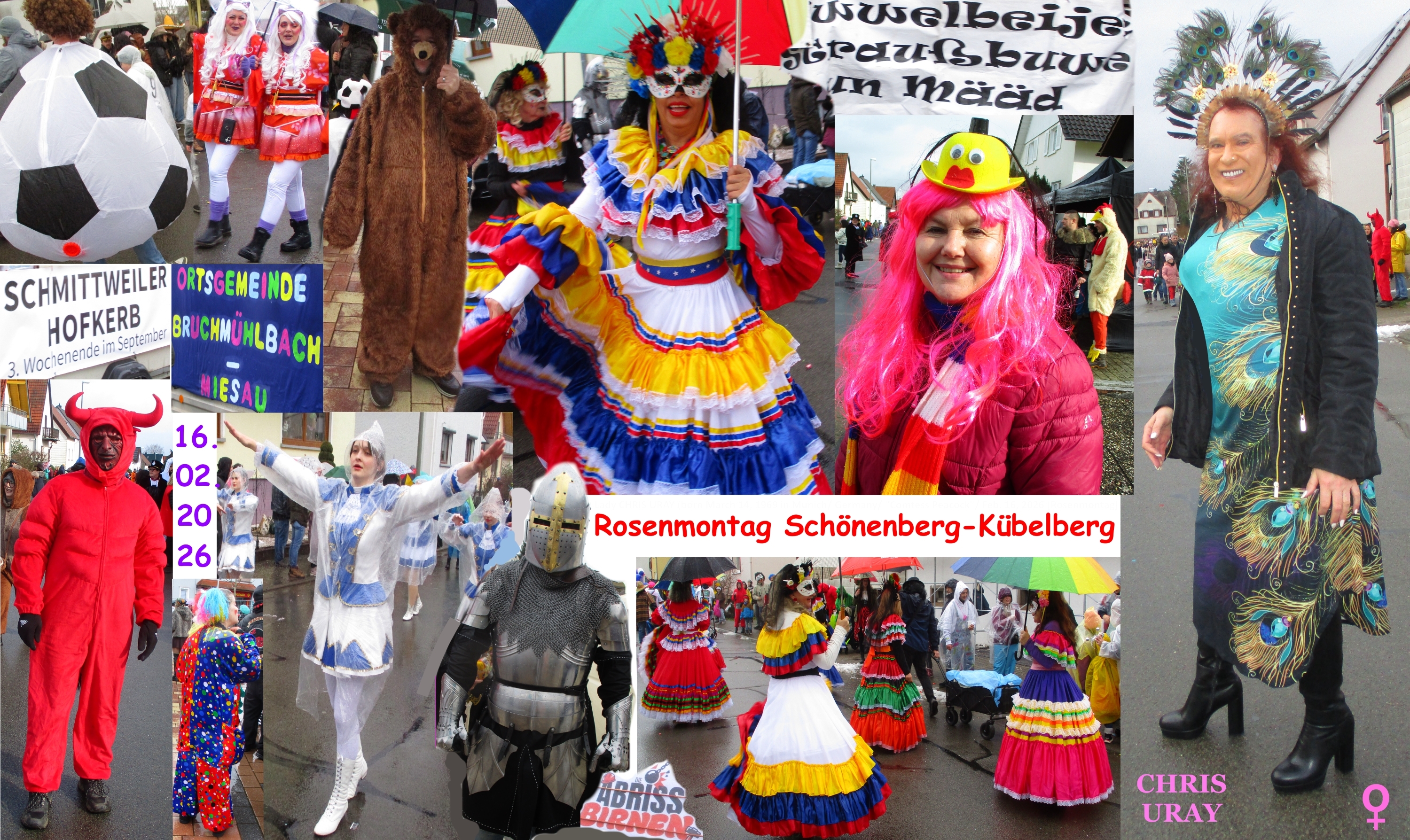 Karneval Rosenmontag Uray Chris Lady Comtess Peacock Freude Lachen Toleranz Menschenwuerde Karnevalsumzug Schoenenberg Kuebelberg Germany.jpg
